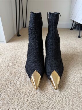 Zara Black Pointed Toe Ankle Boots with Gold Caps
